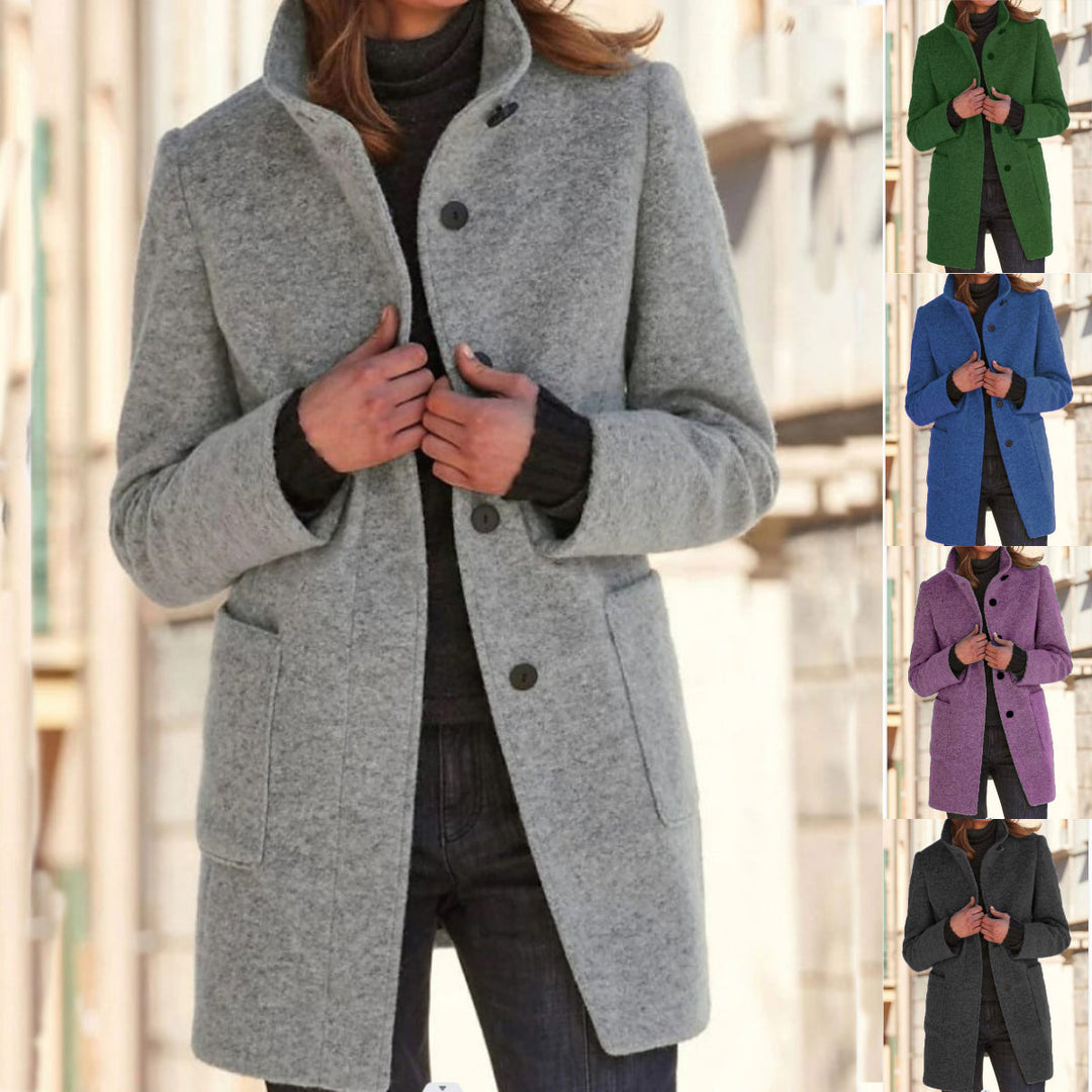 Classic Wool Ladies' Coat with Retro Button Closure - Amanda-Light Grey-S-State of Style