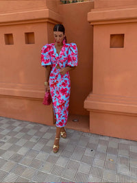 Colourful ladies' dress with pleated sleeves & comfortable cut – Noelia-Pink-L-State of Style