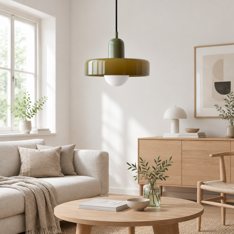 Olive glass pendant with green cap hanging over a coffee table in a bright living room 59