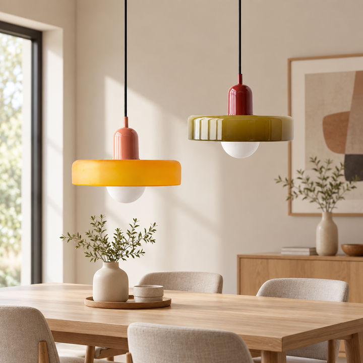 Orange and olive pendants with coral and red caps hanging over a wooden dining table 58