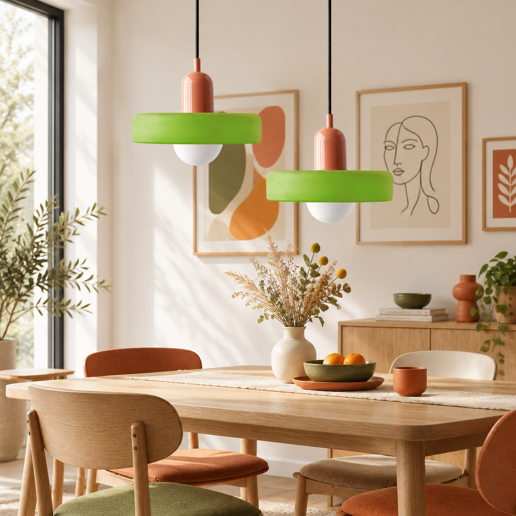 Two lime green glass pendant lamps with terracotta caps hung above a wooden dining table 1