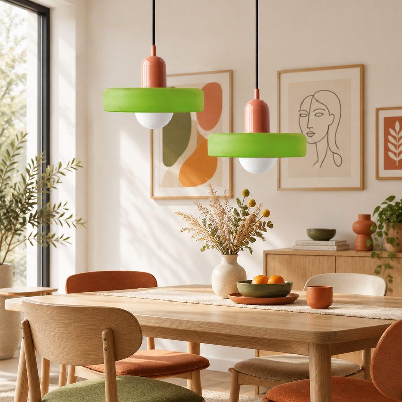 Two lime green glass pendant lamps with terracotta caps hung above a wooden dining table 1