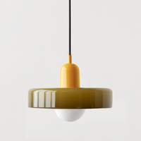Olive glass shade with a bright yellow cap and round white bulb 19