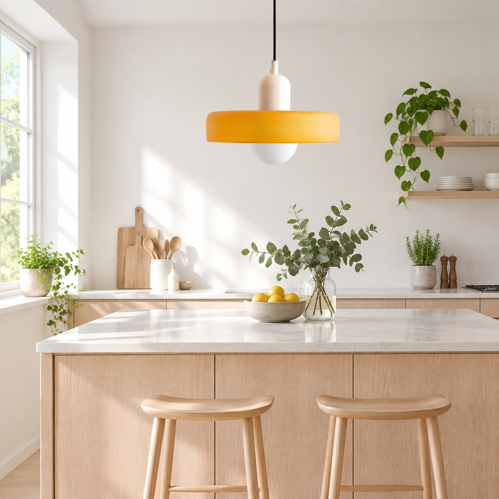 Orange pendant lamp with cream fitting hanging above a pale wood kitchen island with stools 1