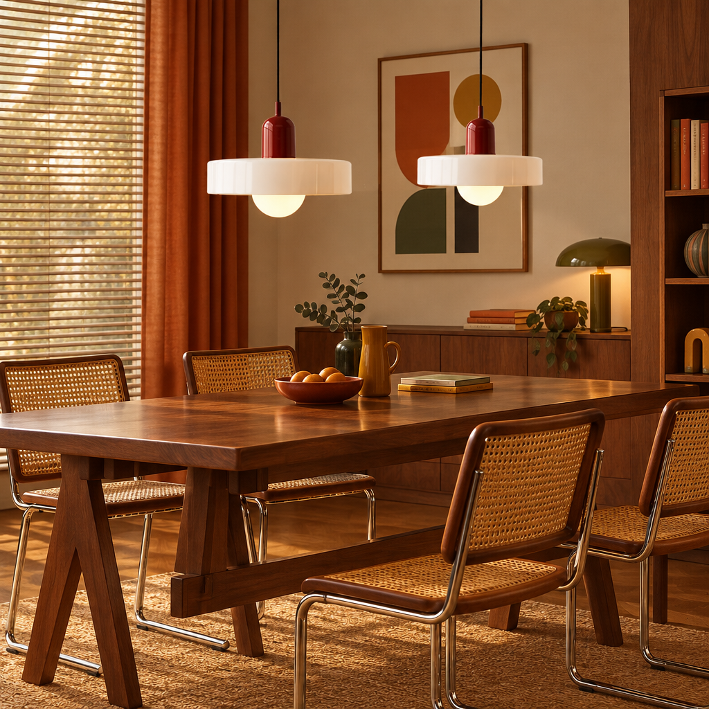 Two pendant lights with red caps and white shades hang over a wooden dining table with cane chairs 1