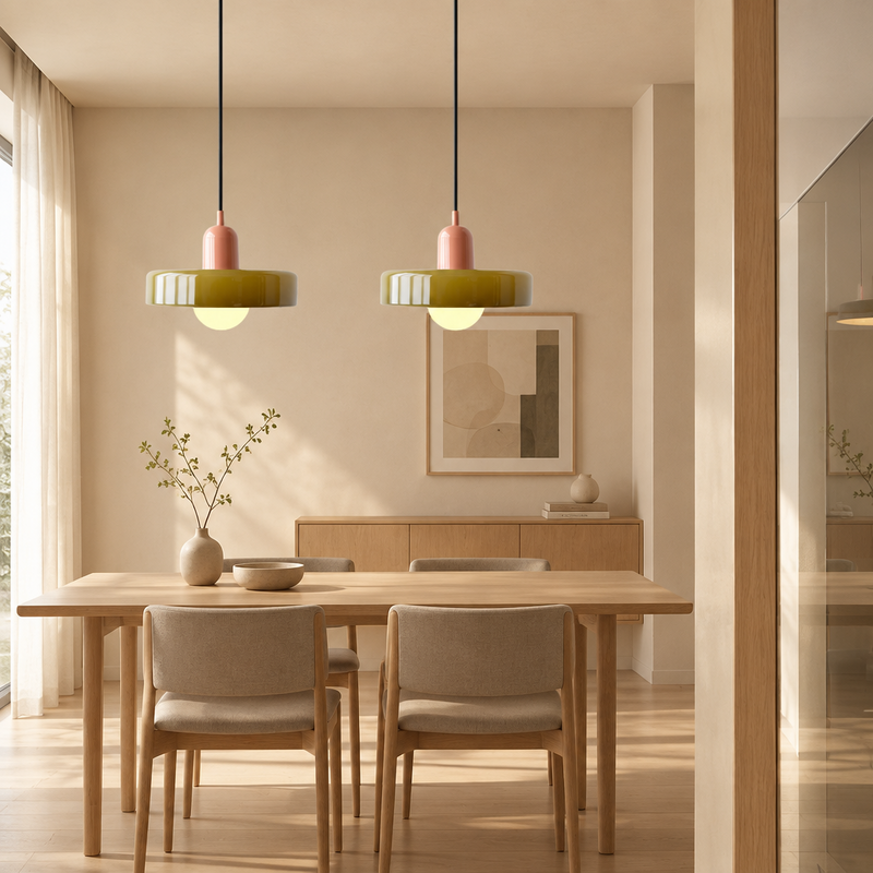 Two olive glass pendants with coral caps hang above a wooden dining table in a bright room 1