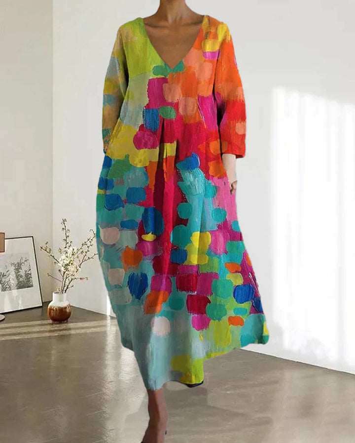 Colourful Printed Dress with V-Neck - Livia-S-State of Style