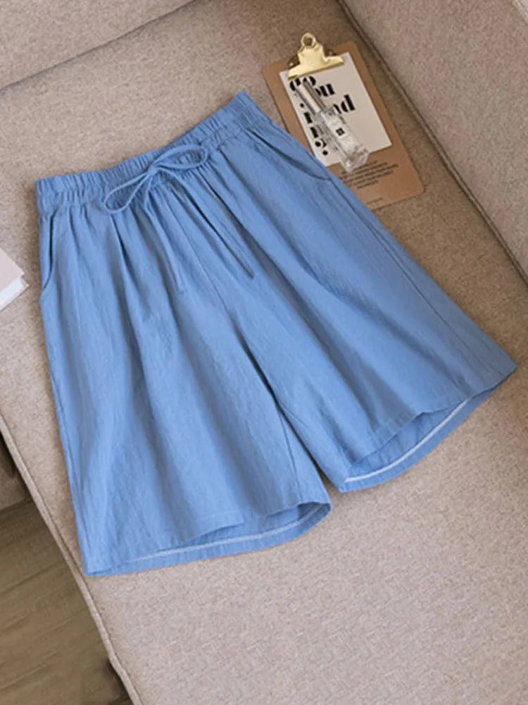 Comfortable & Airy Women's Cotton Shorts with Stretch Waistband – Melina-Blue-M-State of Style