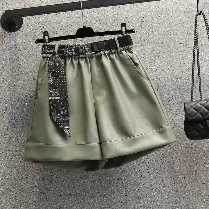 Comfortable Faux Leather Shorts with Elastic Waistband for Women-Green-2XL-State of Style