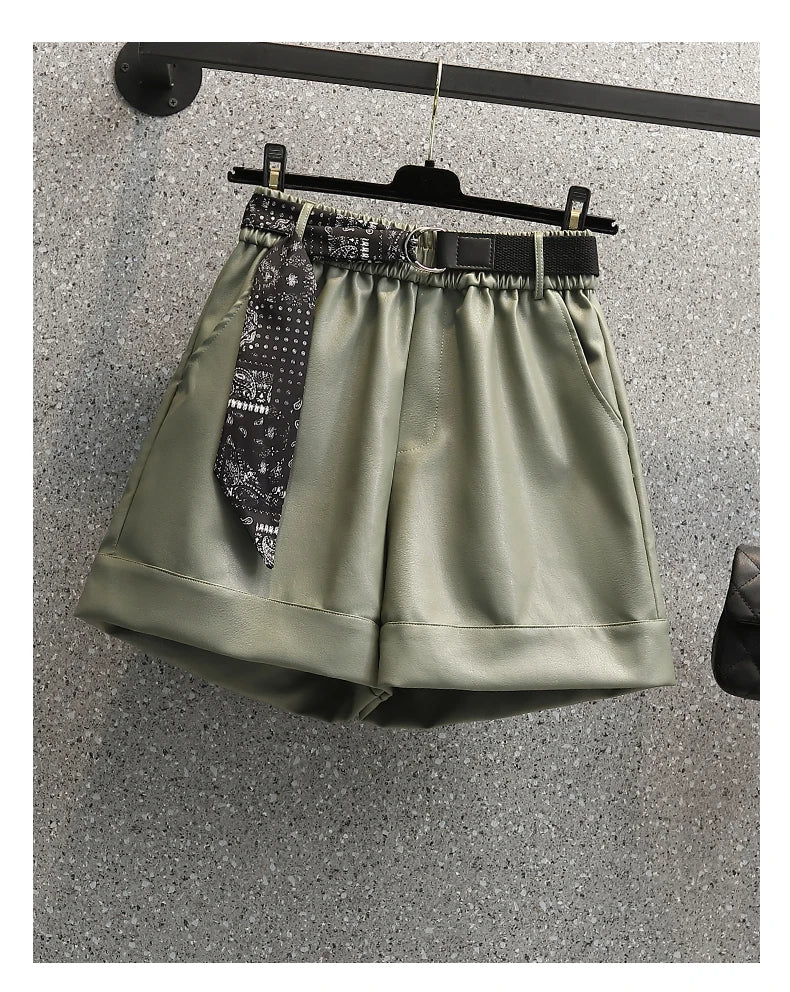 Comfortable Faux Leather Shorts with Elastic Waistband for Women-Green-2XL-State of Style