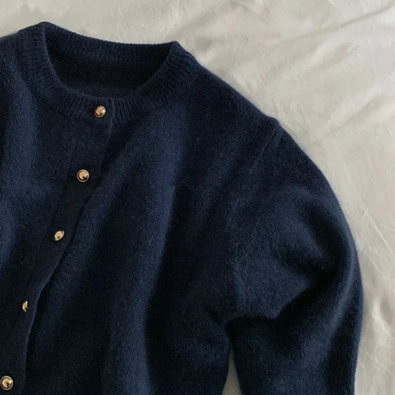 Comfortable Knitted Women's Cardigan with O-neck - Emilia-Dark Blue-S-State of Style
