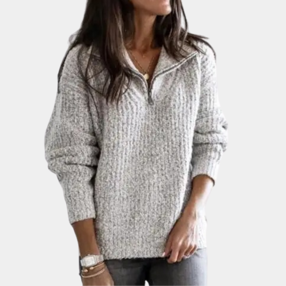 Comfortable Ladies' Sweater with Half Zip - Sofia-Grey-XS-State of Style