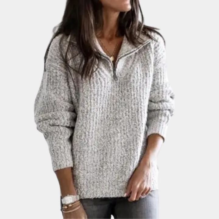 Comfortable Ladies' Sweater with Half Zip - Sofia-Grey-XS-State of Style