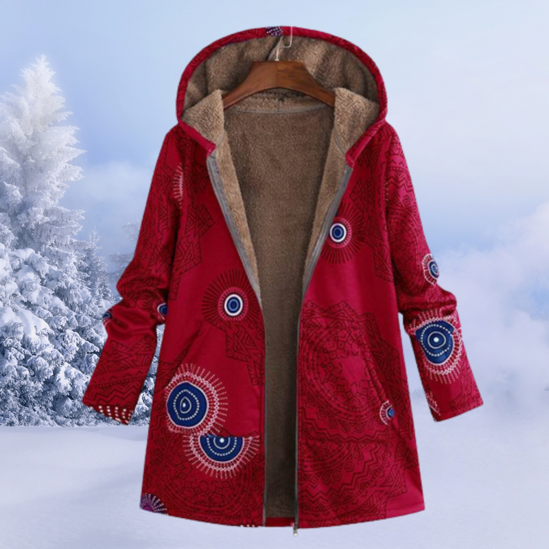 Comfortable Ladies Winter Coat with Floral Print - Ivy-Bordeaux Red-S-State of Style