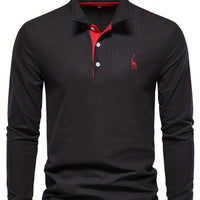Comfortable Men's Long Sleeve Polo-Black-S-State of Style
