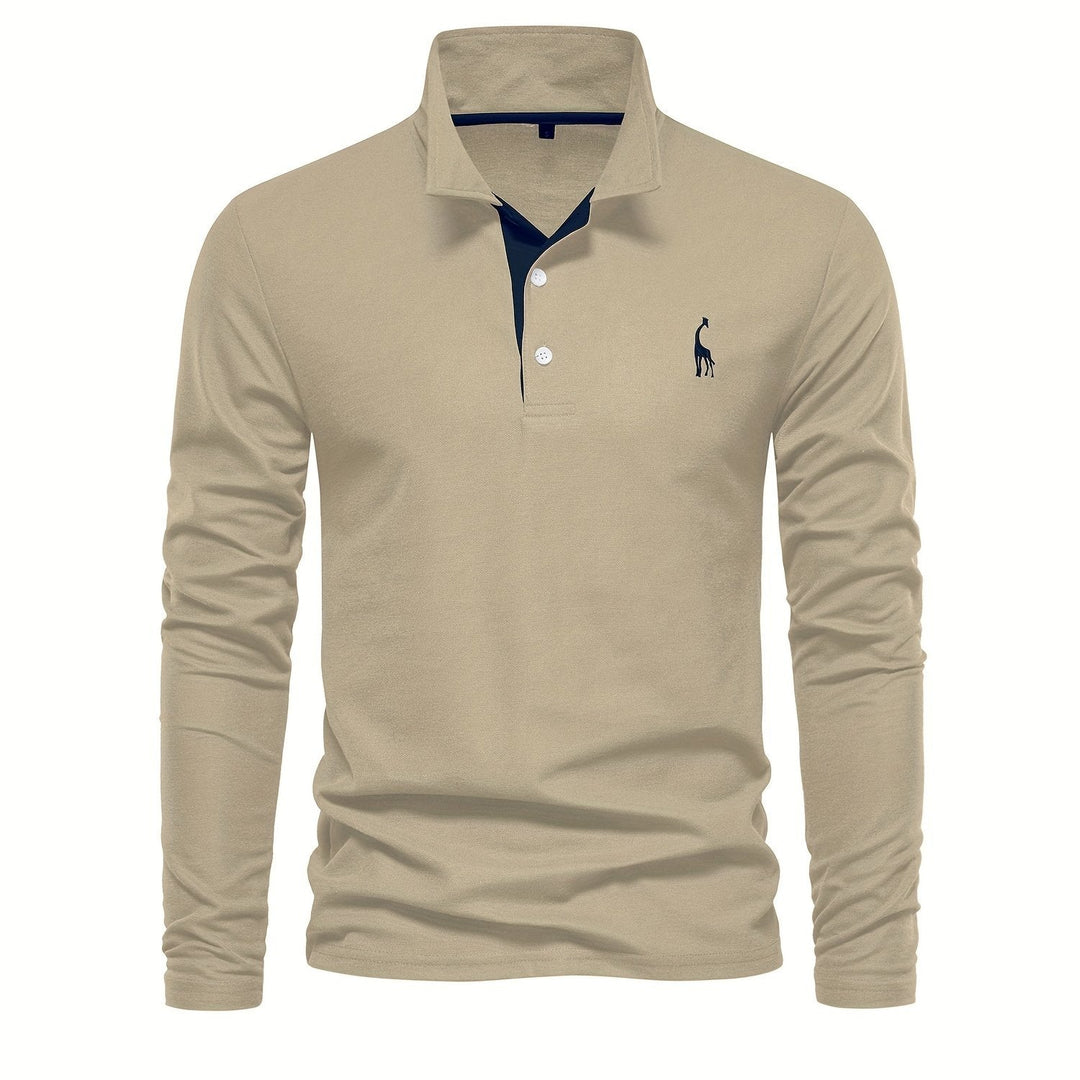 Comfortable Men's Polo with Long Sleeves-Khaki-S-State of Style
