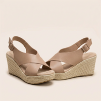 Pair of tan crossover wedge sandals with buckled heel straps, padded insoles and braided jute wedges 13