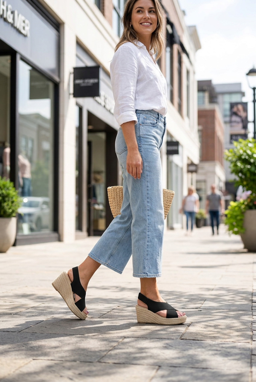 Smiling woman on a sunny shopping street wearing black criss-cross wedge sandals with light jeans and a white shirt 1