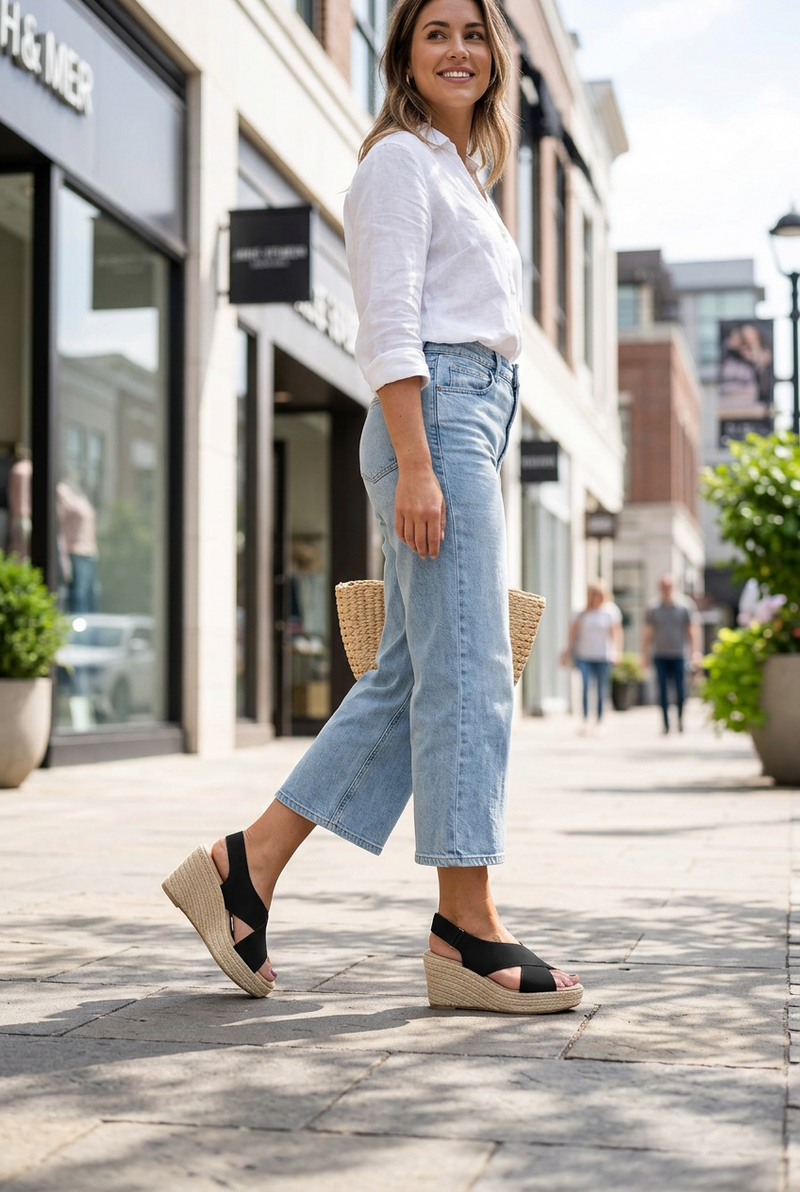 Smiling woman on a sunny shopping street wearing black criss-cross wedge sandals with light jeans and a white shirt 1