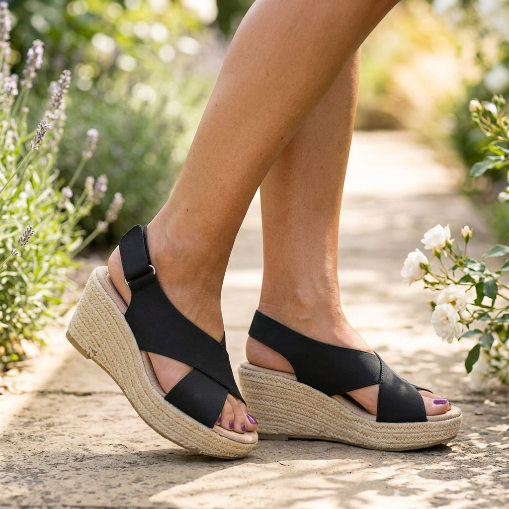 Black wedge espadrilles worn outdoors on a stone path beside lavender and white roses 12