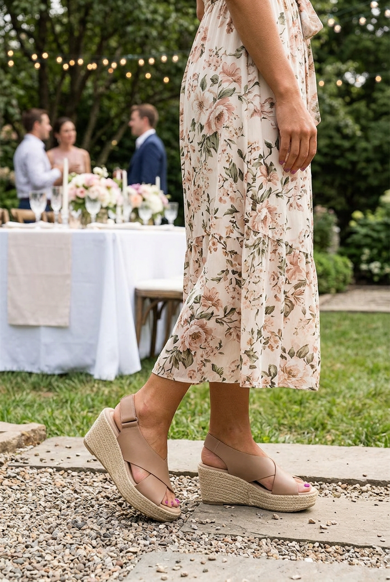 Woman in a floral midi dress wears tan crossover wedges at a garden party 1