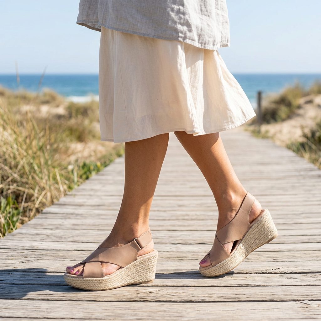 Woman walking along a seaside boardwalk in taupe crossover wedges and a cream linen skirt 1