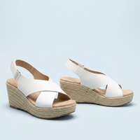 Pair of white crossover wedge sandals with heel straps and braided jute wedges against a pale blue background 14