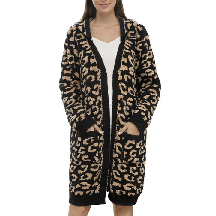 Comfortable Women's Spa Bathrobe – Victoria-Leopard Black - Hooded-State of Style