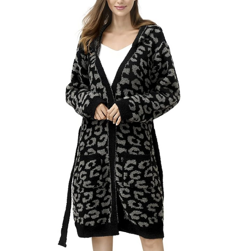 Comfortable Women's Spa Bathrobe – Victoria-Leopard Charcoal - Hooded-State of Style