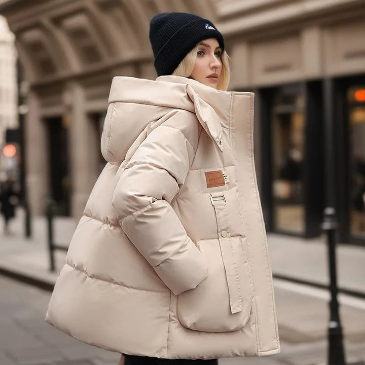 Comfortable Women's Winter Coat with Down Filling - Amelina-Beige-M-State of Style