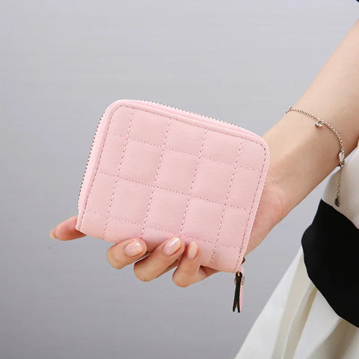 Compact Card Holder Clutch – Stylish & Practical PU Leather Purse-Pink Squares-State of Style