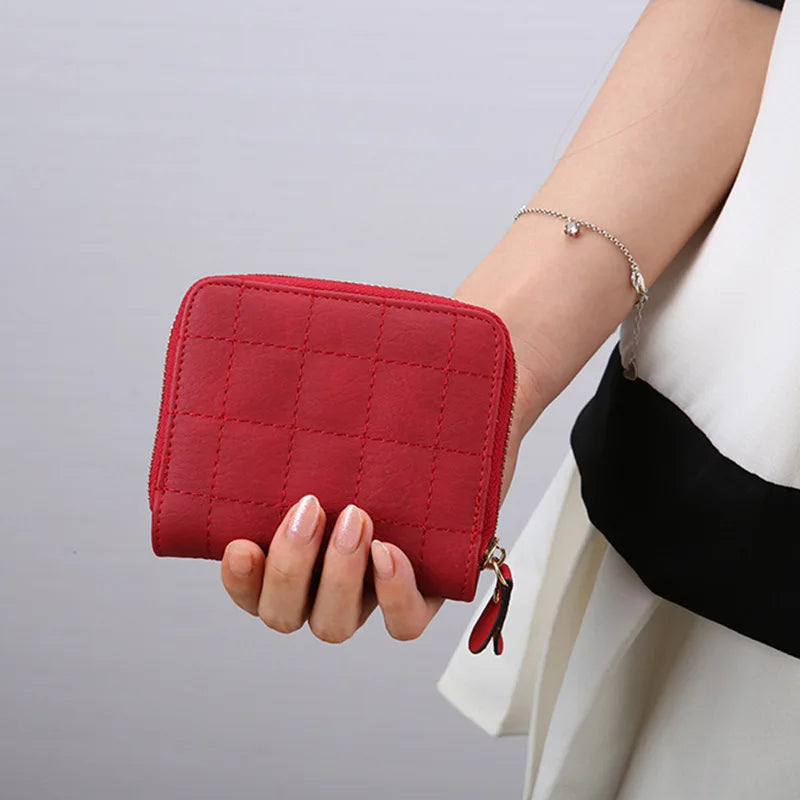 Compact Card Holder Clutch – Stylish & Practical PU Leather Purse-Red Squares-State of Style