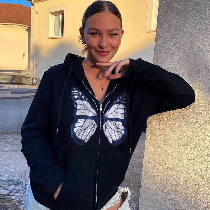 CoolHoodie | Hoodie for Women-Black with Butterflies-S-State of Style