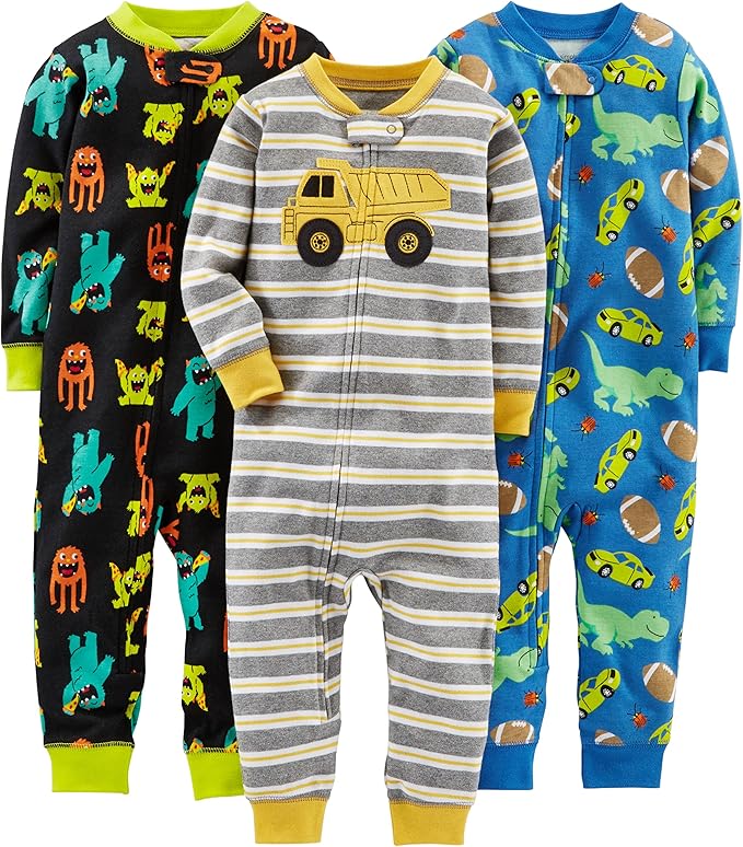 Cotton Pyjama Set for Children-Black monster/blue dinosaur/grey stripe-6-9 months-State of Style
