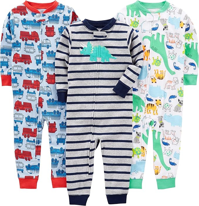 Cotton Pyjama Set for Children-Blue fire truck/gray stripe/white dinosaur-6-9 months-State of Style