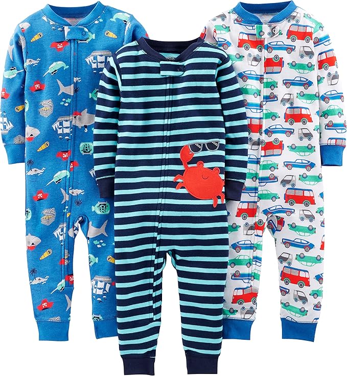 Cotton Pyjama Set for Children-Blue sea life/marine blue stripe/white cars-6-9 months-State of Style