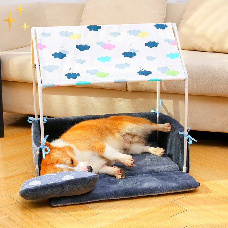 Covered Fleece Sleeping Bed with Canopy and Cushion-Dark blue-State of Style