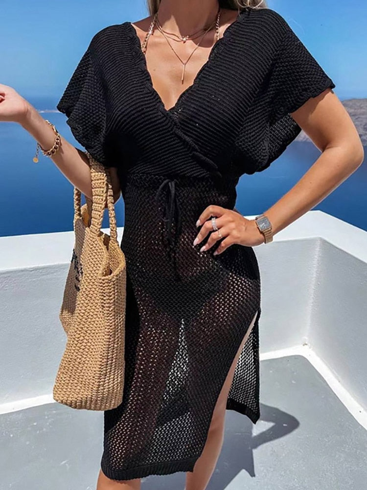 Crochet Beach Dress with Waist Ribbon – Yara-Beige-S-State of Style