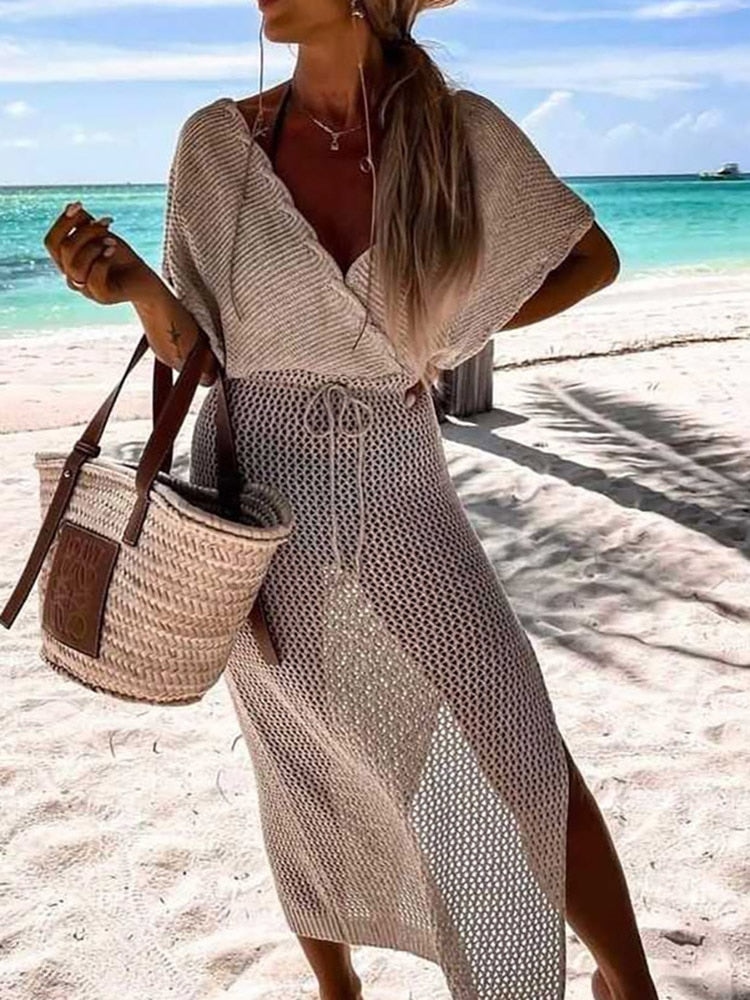 Crochet Beach Dress with Waist Ribbon – Yara-Beige-S-State of Style
