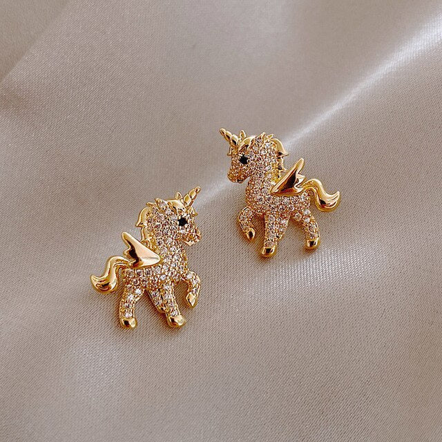 Cute Golden Unicorn Zirconia Earrings - Celestia-State of Style