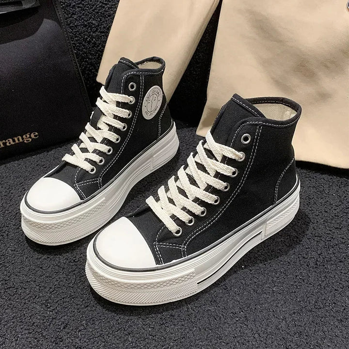 Cutiepie Canvas Sneakers – Colourful High-Tops with Thick Sole-Black-4.5 (22.5cm)-State of Style
