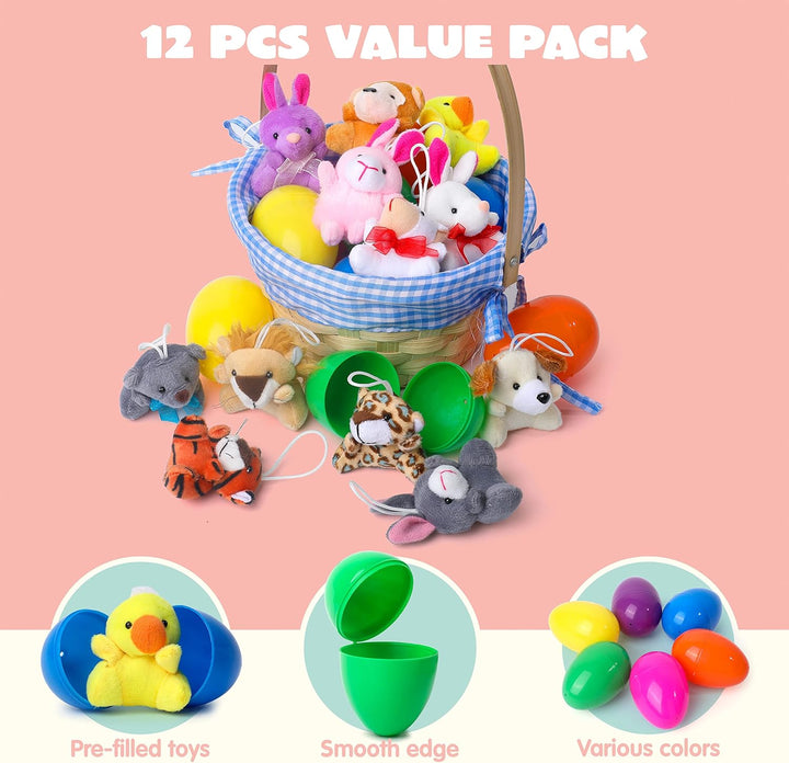Plush Easter eggs containing mini animal toys for children – pack of 12 surprise eggs.