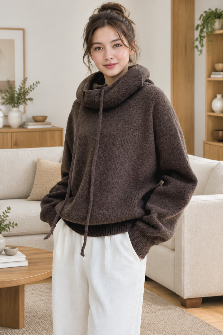 Smiling model in a dark brown drawstring cowl-neck jumper and white trousers in a lounge 1
