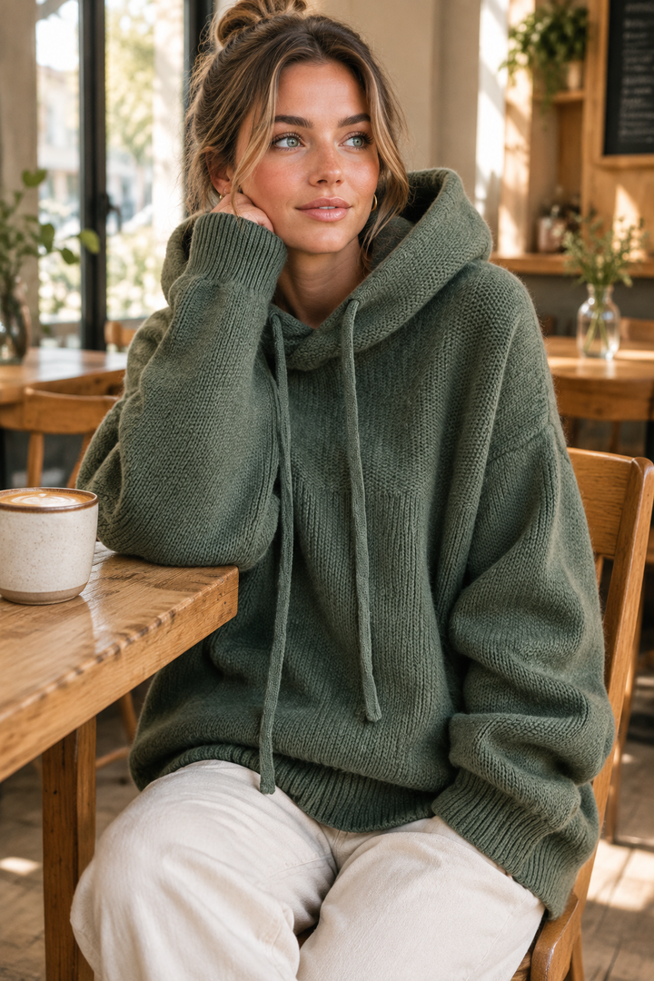 Woman in a green knitted hooded jumper sits at a wooden café table with a coffee 1