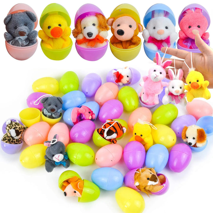 Plush Easter eggs containing mini animal toys for children – pack of 12 surprise eggs.