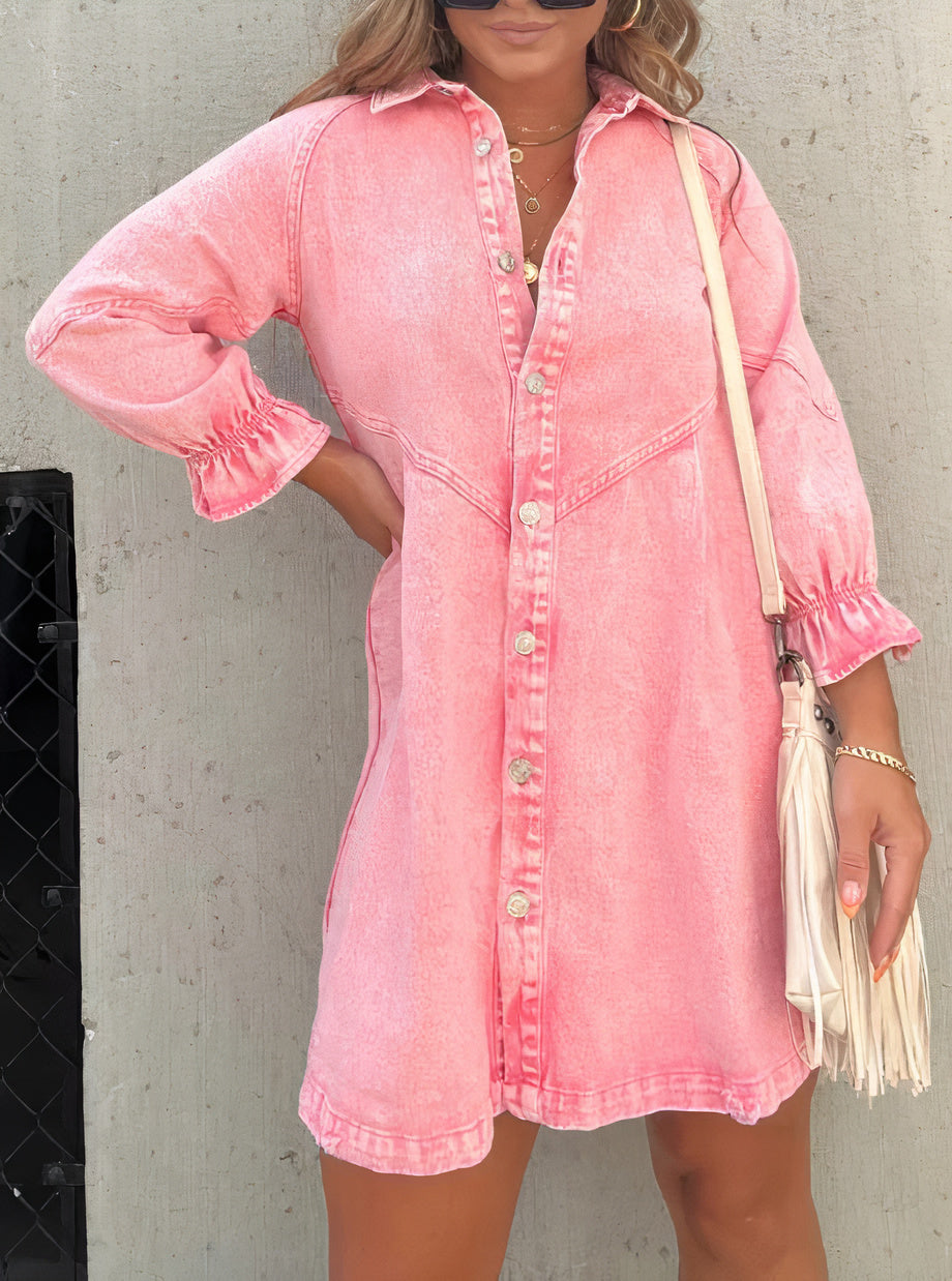 Denim Dress with Long Sleeves – Rivka-Pink-S-State of Style