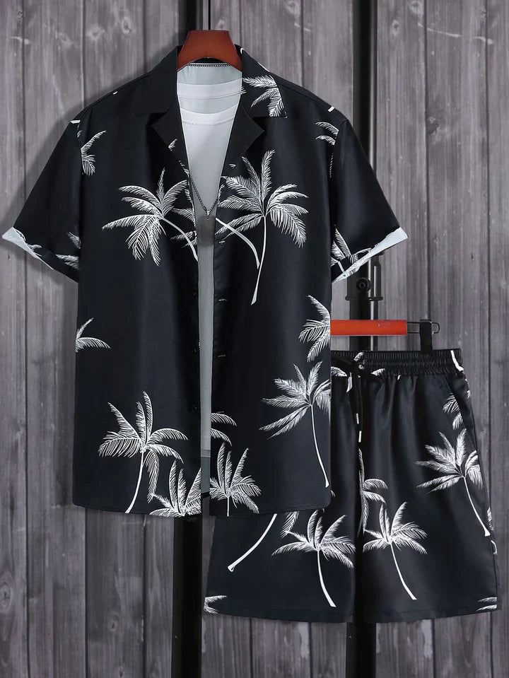 Dieter | Shirt & Shorts with Tropical Palm Print-Black-S-State of Style