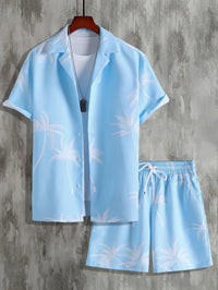 Dieter | Shirt & Shorts with Tropical Palm Print-Blue-S-State of Style