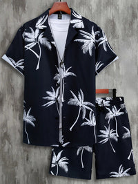 Dieter | Shirt & Shorts with Tropical Palm Print-Navy Blue-S-State of Style