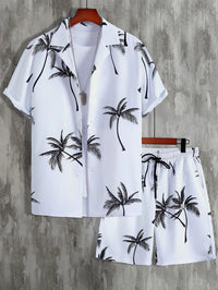 Dieter | Shirt & Shorts with Tropical Palm Print-White-S-State of Style